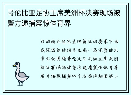 哥伦比亚足协主席美洲杯决赛现场被警方逮捕震惊体育界